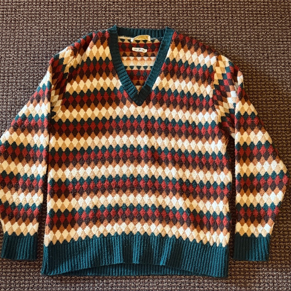 V-Neck Argyle Pattern Vintage Sweater - Teal, Brown & Cream